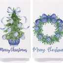 Chinoiserie Christmas Kitchen Towels,Set of 2 Blue Bow Coquette Christmas Tree Dish Towels for Kitchen Bathroom, Blue Christmas Hand Towels for Bathroom Kitchen, Grandmillennial Decor,16x24 Inches