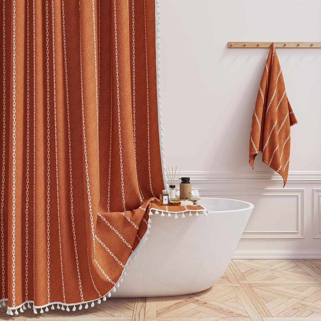 BTTN Extra Long Shower Curtain, 96 Inch Boho Rustic Striped Fabric Shower Curtain Set with Tassel, Water Repellent, Tall Farmhouse Shower Curtains for Bathroom with Hooks, 72"x96", Burnt Orange