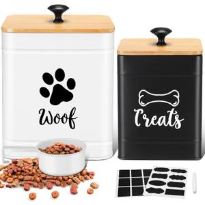 Metal Dog Food Containers Set of 2 with Bamboo Lids and Spoon Airtight 7+3 lbs Dog Treat Snack Jars with DIY Labels Big Pet Cookie Storage Jar for Kitchen Counter (Vintage)