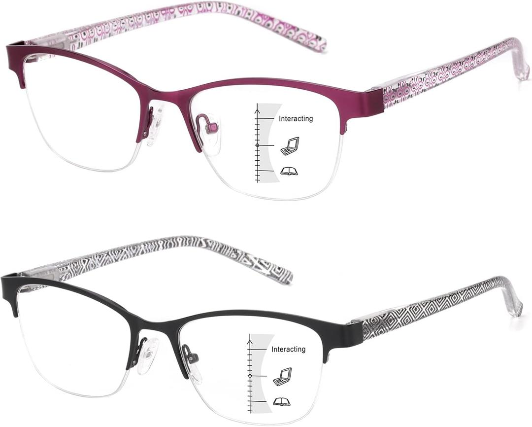 Missfive 2 Pack Women Progressive Multifocus Reading Glasses, No Line Blue Light Blocking Spring Hinge Readers Lightweight Multifocal Computer Cateye Eyeglasses(Workspace For Near Range 2.5x) (Multifocus, Top Lens Not 0x / 1 Black+1 Magenta)