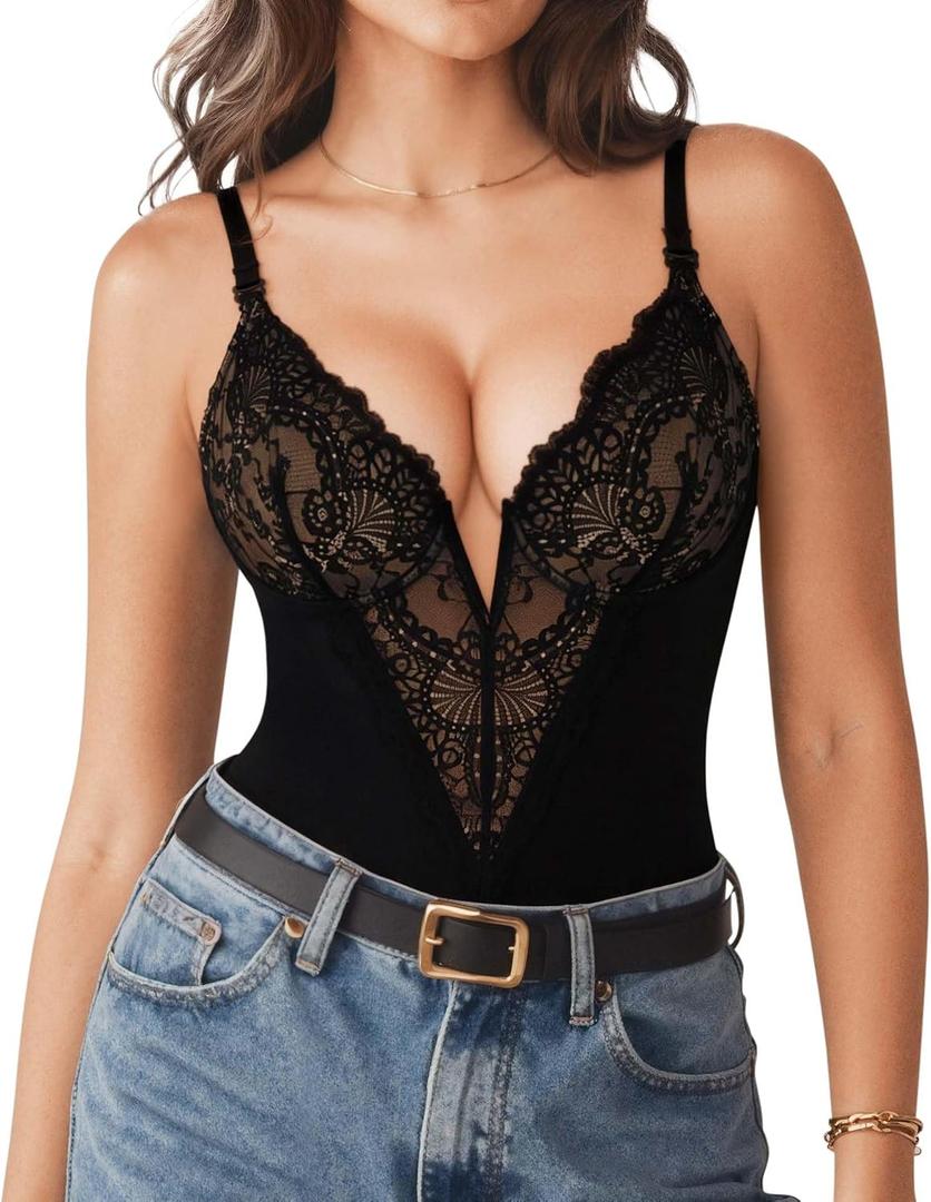 Popilush Shapewear Bodysuits for Women Lace Corset Tops Tummy Control V Neck Sleeveless Body Suit Thongs, 4XL