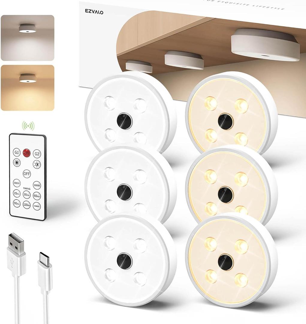 EZVALO Puck Lights with Remote Control, Rechargeable LED Battery Operated, Wireless, Group Control, Dimmable Under Cabinet/ Counter Lighting Closet Light (6 Pack)
