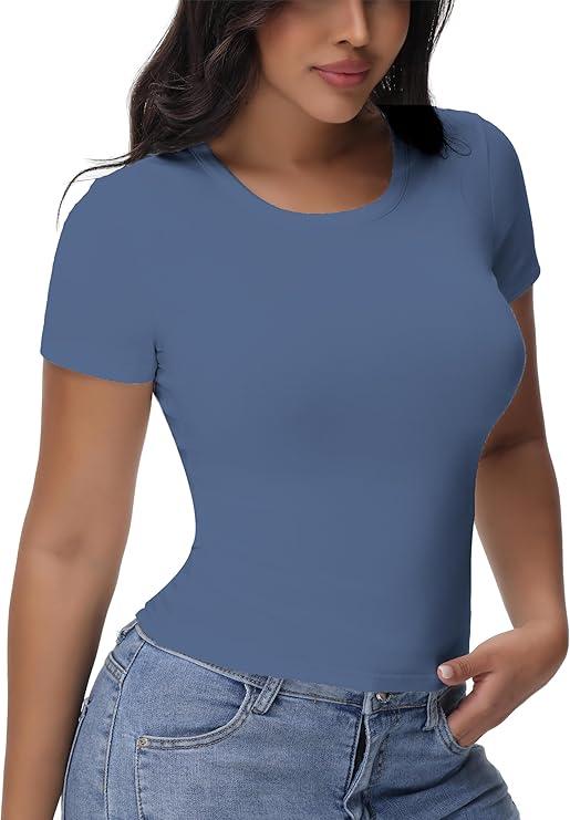 Womens T Shirts Basic Short Sleeve Crew Neck Slim Fit Tees Summer Workout Casual Bodycon Tops 2025, Small
