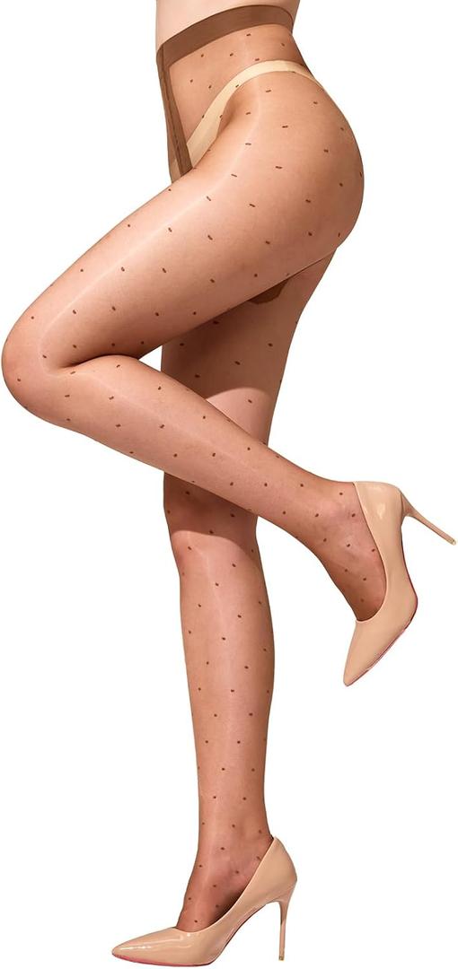 Aaronano Women's Sheer Polka Dot Tights Oil Shiny Pantyhose 20 Denier Patterned Stockings High Waist Pantyhose with Dots(Brown，S-M)
