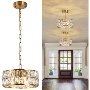 Modern 4-Light Gold Crystal Chandelier Ceiling Light, 12-Inch Small Round Semi Flush Mount Chandelier-Style Ceiling Light for Kitchen Island & Entryway