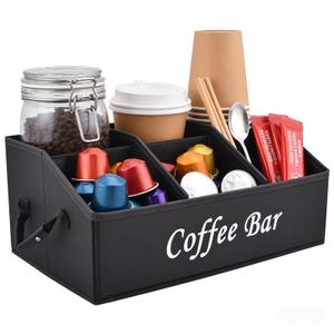 HTYSIQI Coffee Station Organizer for Counter, Coffee Bar Organizer with Removable Dividers, Pod Syrup Holder for Syrup, Cups, Stirrer, Tea, Black