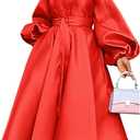 SHINFY Casual Church Dresses for Women Satin Long Sleeve A Line Semi Formal Fit Maxi Long Dresses with Pockets (Red, XL)