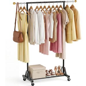 Rolling Garment Rack - Retractable Clothes Rack with Hanging Rods, Lockable Wheels and Bottom Storage Shelf - Sturdy Coat Rack, Freestanding Clothing Organizer for Bedroom, Laundry & Closet