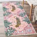 Oriental Tropical Kitchen Runner Rug 2x5 Washable, Thin Stain Resistant Pink Boho Bathroom Runner Rug for Hallway Entryway Bedroom Laundry, Vintage Abstract Hippie Botanical Long Carpet