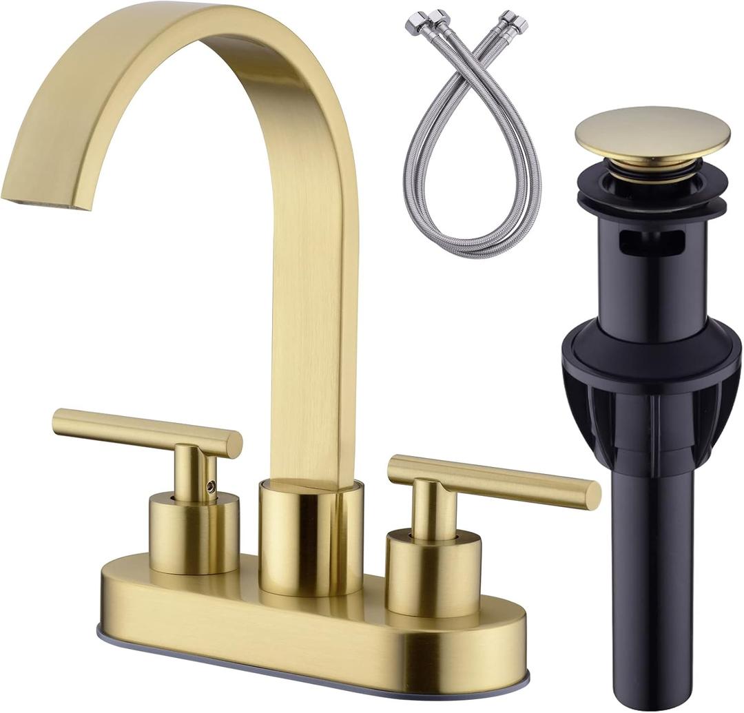 DIKUROOMS 4 Inch Centerset Bathroom Sink Faucet 2 Handle Vanity Basin Faucets with Overflow Pop-up Drain Assembly and cUPC Water Supply Lines, 360 Degree Swivel Square Spout, Brushed Gold