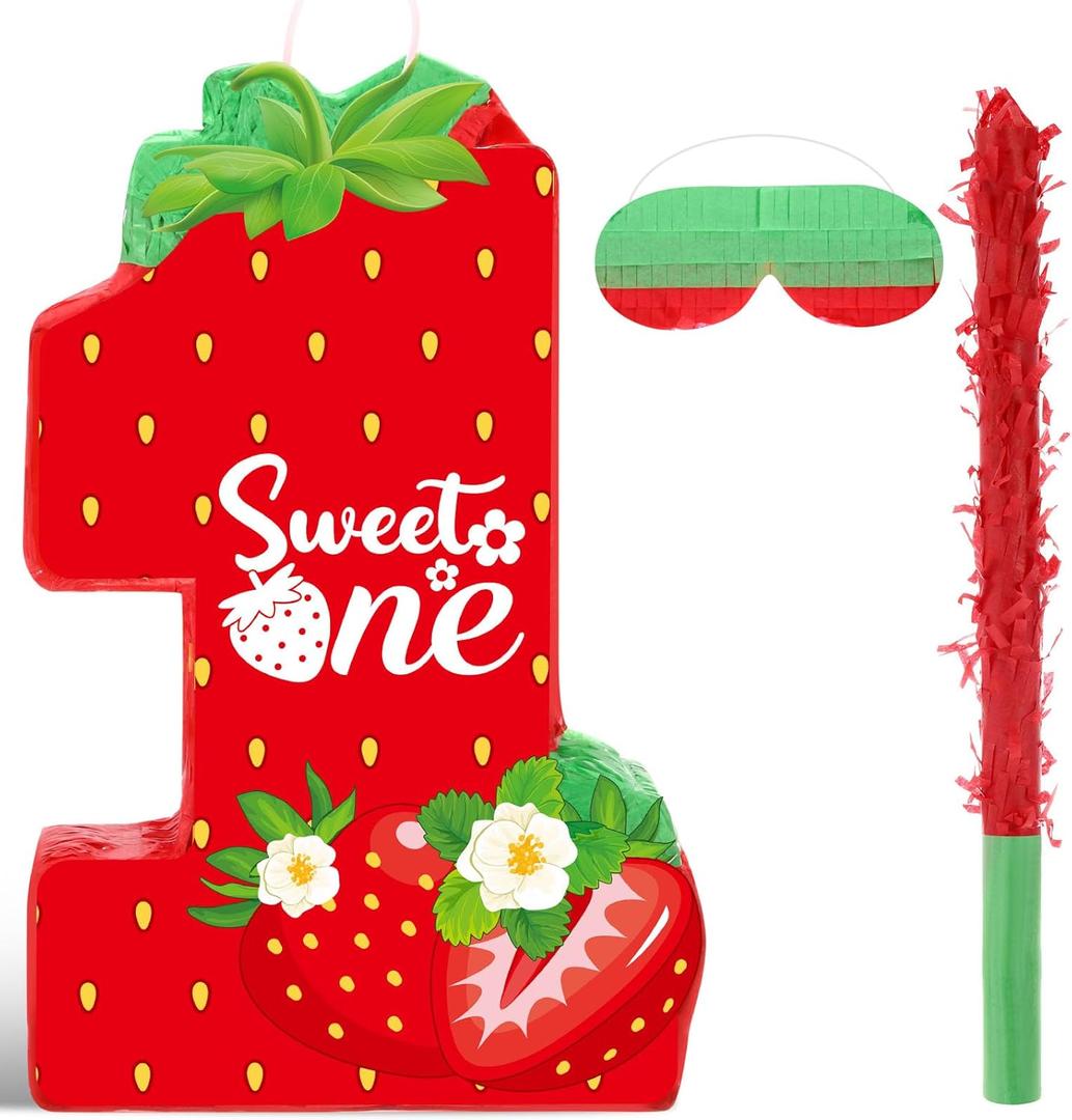 Aoriher Strawberry 1st Birthday Piata Strawberry Piata Summer Berry Piata with Stick Blindfold Mask Confetti for Girls Theme Birthday Baby Shower Party Game Supplies Decor