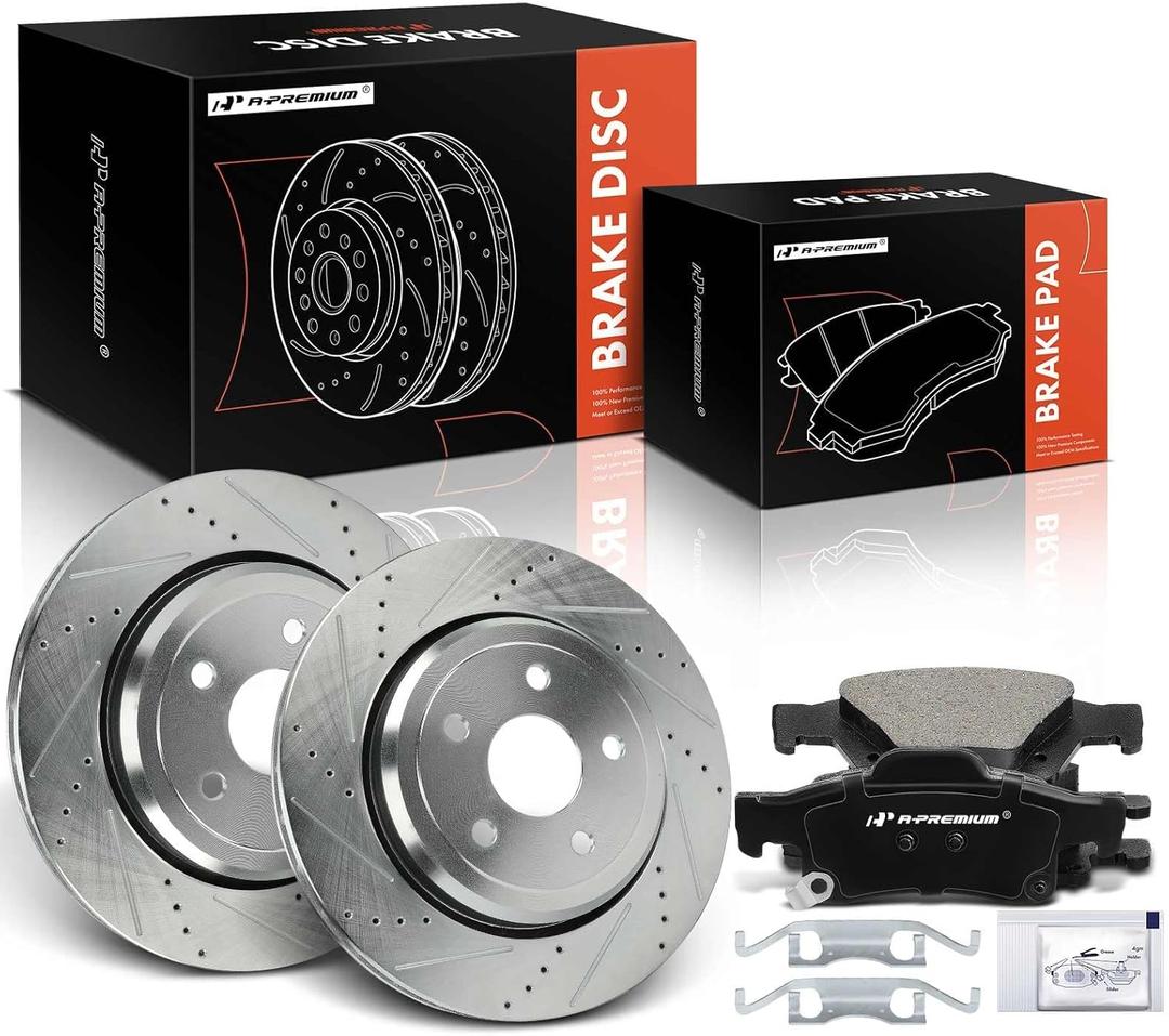 A-Premium 13.78 inch (350 mm) Rear Drilled and Slotted Disc Brake Rotors + Ceramic Pads Kit Compatible with Select Jeep and Dodge Models - WK2 Series Grand Cherokee 2018-2020, Durango 2017-2020