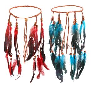 2 Pcs Native American Headband, Boho Indian Feather Headband, Hippie Headpiece Gypsy Indians Costume Decor, Indian Headpiece Gypsy Costume Headdress Hair Accessories for Women (Blue Red)