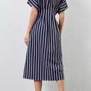Women's Striped Button Front Pleated Maxi Shirt Dress Short Sleeve Collar V Neck Summer Casual Corset Long Dress (Blue, XL)