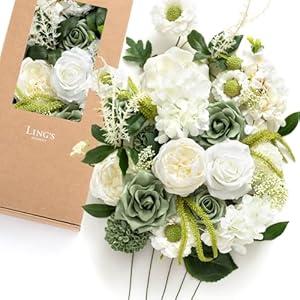 Ling's moment Fake Flowers Box, Faux Artificial Greenery Stems Foam Roses Silk Dahlia Pampas Grass Fabic Flower for Centerpieces Bouquet Wedding Vase Floral Decorations, Beige & Sepia, Deluxe Combo