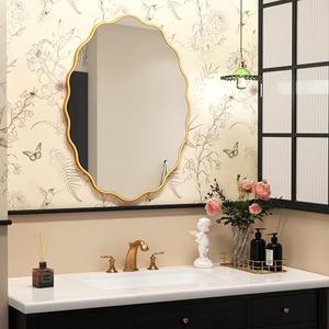 HMANGE Gold Oval Wavy Mirror 24×36 inch, Irregularly Shaped, Unique Vanity Mirror, Wall Mirror for Bathroom, Living Room, Bedroom, Entryway