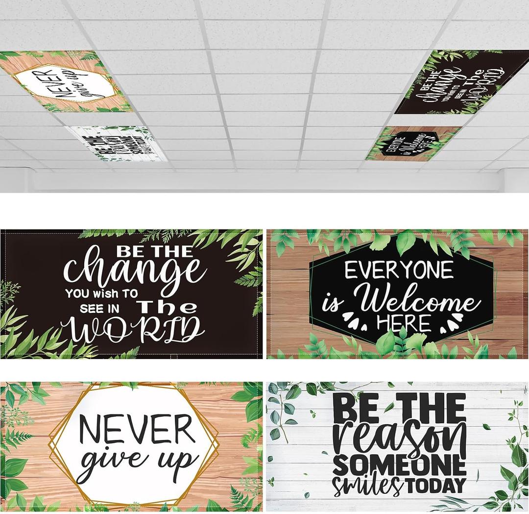 ROCEEI Pack of 4 Fluorescent Light Covers for Ceiling Lights, 4 x 2 Ft, Magnetic Light Covers for Classroom Office Home School Ceiling Decor(Farmhouse)