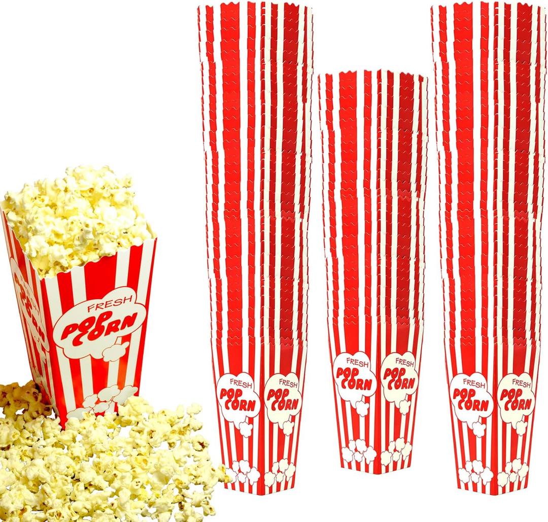 110 Movie Night Popcorn Paper Boxes Buckets 7.75 Inches Tall Large Box & Holds 46 Oz Old Fashion Vintage Retro Party Design Red & White Colored Nostalgic Carnival Stripes Bags & Tubs various qty avail