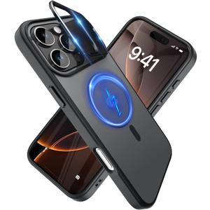 YFEMLAZ for iPhone 16 Pro Case(Built-in Invisible Kickstand) Heavy Duty MagneticCompatible with MagSafe Military-Grade Drop Protection,Translucent Matte for iPhone 16 Pro Case 6.3",Black