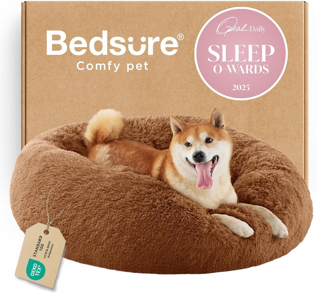 Bedsure Calming Dog Bed for Medium Dogs - Donut Washable Medium Pet Bed, 30 inches Anti-Slip Round Fluffy Plush Faux Fur Cat Bed, Fits up to 45 lbs Pets, 30"L x 30"W x 8"Th, Copper