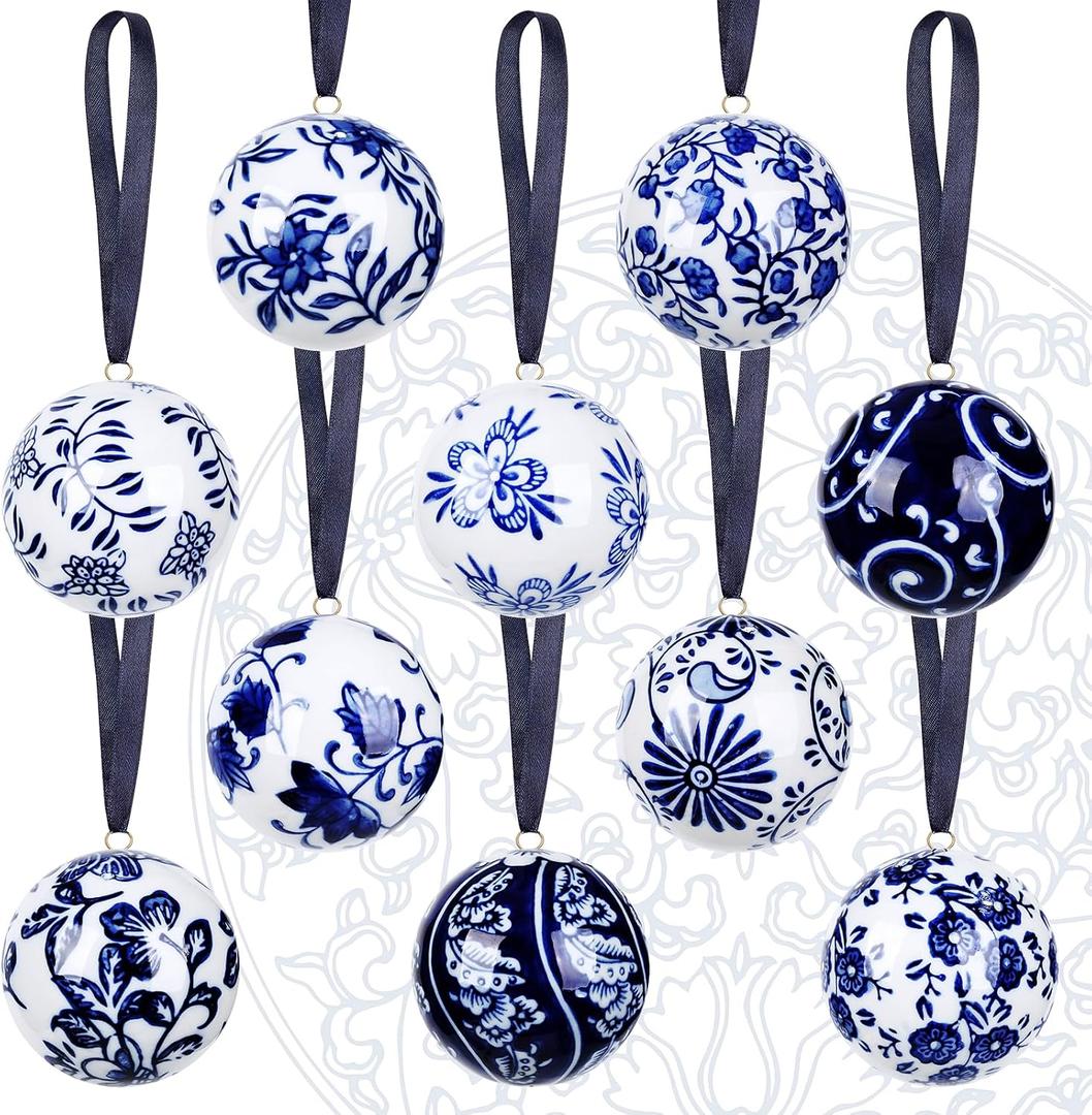 10 Pcs Porcelain Ball Ornaments Blue and White Chinoiserie Christmas Tree Hanging Ornaments 2.4 Inch Chinoiserie Porcelain Ceramic Decorative for Christmas Party Supplies