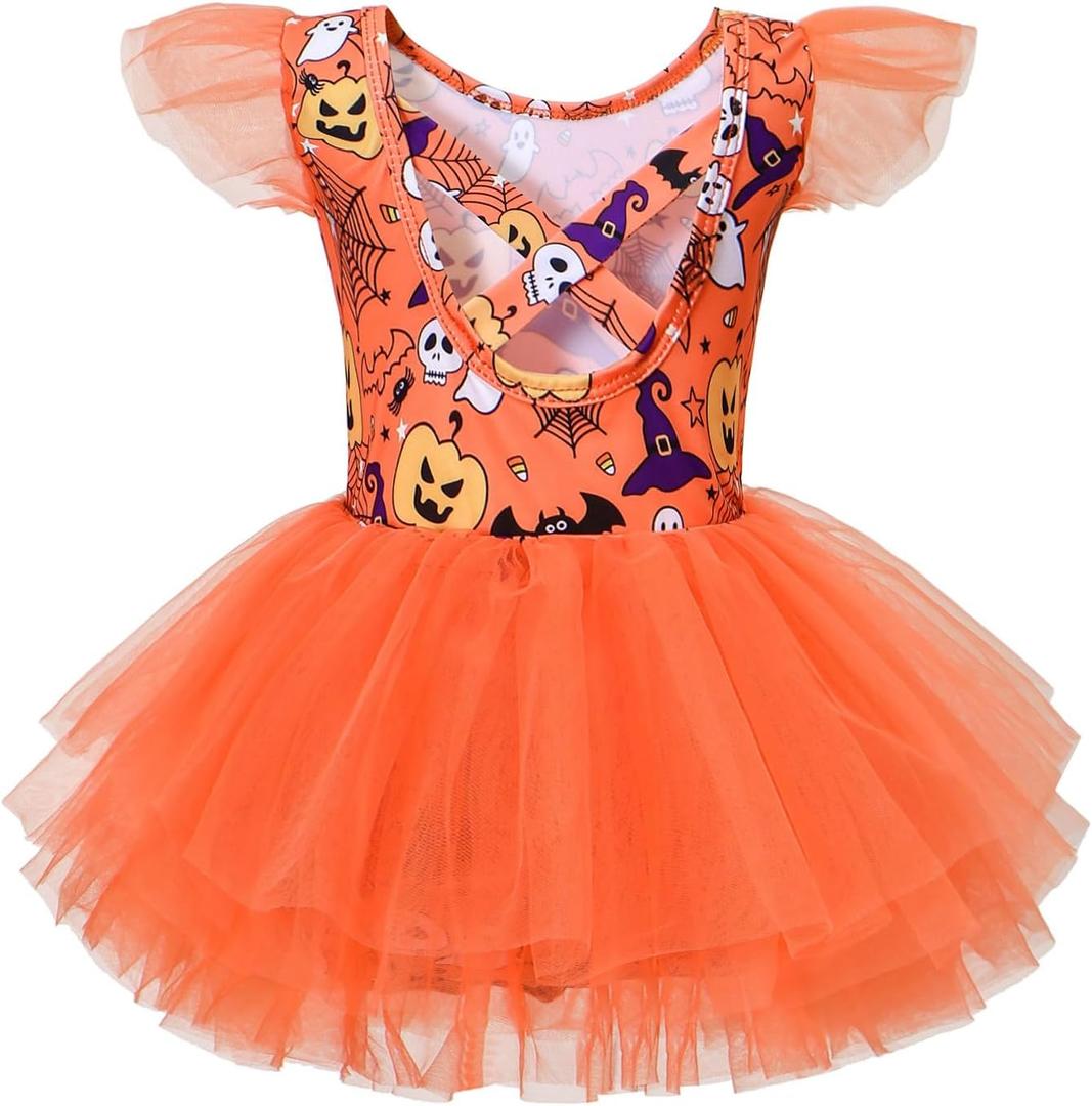 Tutu.kk Toddler Ballet Leotard Ruffle Sleeve Sequin Tulle Tutu Dress Ballerina Outfits for Girls Birthday Holiday (6-7 Years, Orange)
