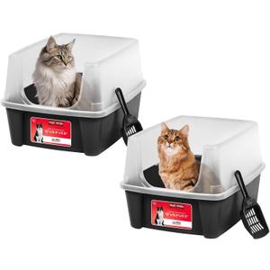 IRIS USA Cat Litter Box Large Open Top with High Sided Walls Tall Scatter Shield Scoop Included Easy Clean Plastic Pan Stain Resistant for Cats Kittens Indoor Multi-Cat Households 2-Pack Black