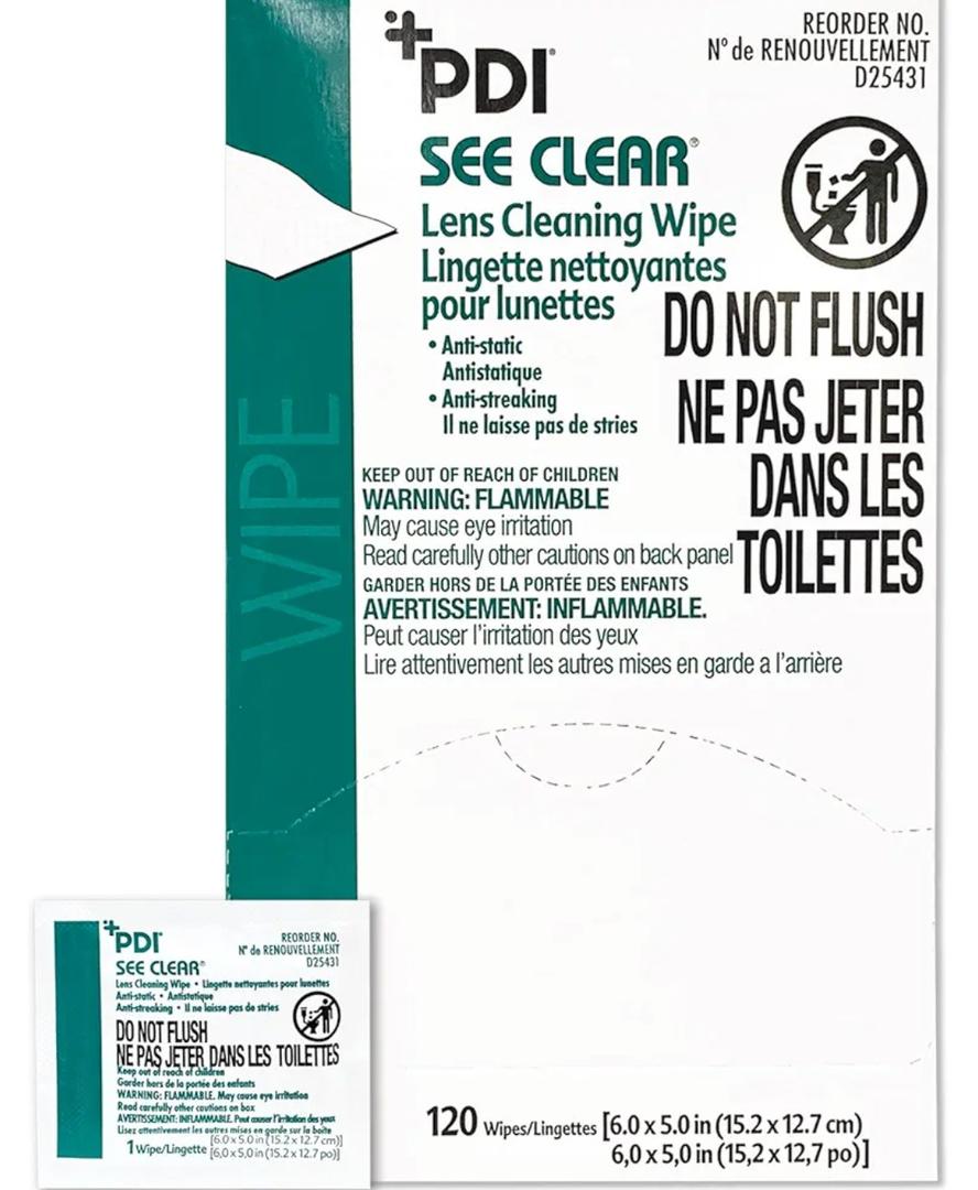 PDI See Clear Lens Cleaning Wipes, Non-Streaking & Anti-Static for Glasses, Eyeglasses, Loupes & Safety Eyewear, 1 Box of 100 Individually Wrapped Packets, Large 6" x 5"
