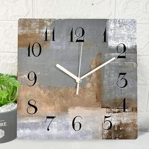 ArtSocket Wooden Wall Clock Silent Non-Ticking,Brown Black Grey White Abstract Painting Modern Wooden Square Rustic Wall Clocks Decor for Home Kitchen Living Room Office, Battery Operated(12 Inch)