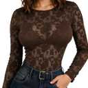 Buauty Women's Floral Lace Long Sleeve Tops Sheer Mesh See Through Blouse Sexy Fitted Club Party Outfits, Size XXL