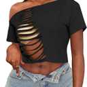 LovelyWholesale Womens Off The Shoulder Crop Tops Sexy Cut Out Ripped Short Sleeve T Shirts Black Small (Black, S)