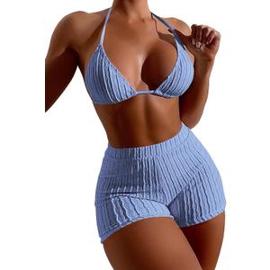 COZYEASE Women's 2 Piece Swimsuits Halter Triangle Top with High Waisted Shorts Bathing Suits Bikini Sets, M