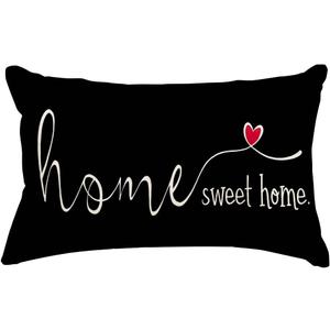 2 x RABUSOFA Home Sweet Home Quotes Throw Pillow Covers,12x20 Inch Farmhouse Red Heart Decorative Cushion Case for Sofa Couch Single No Insert Black