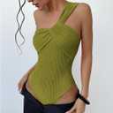 OYOANGLE Women's Textured One Shoulder Going Out Bodysuit Tops Twist Front Ruched Sleeveless Tank Top Body Suits, Medium