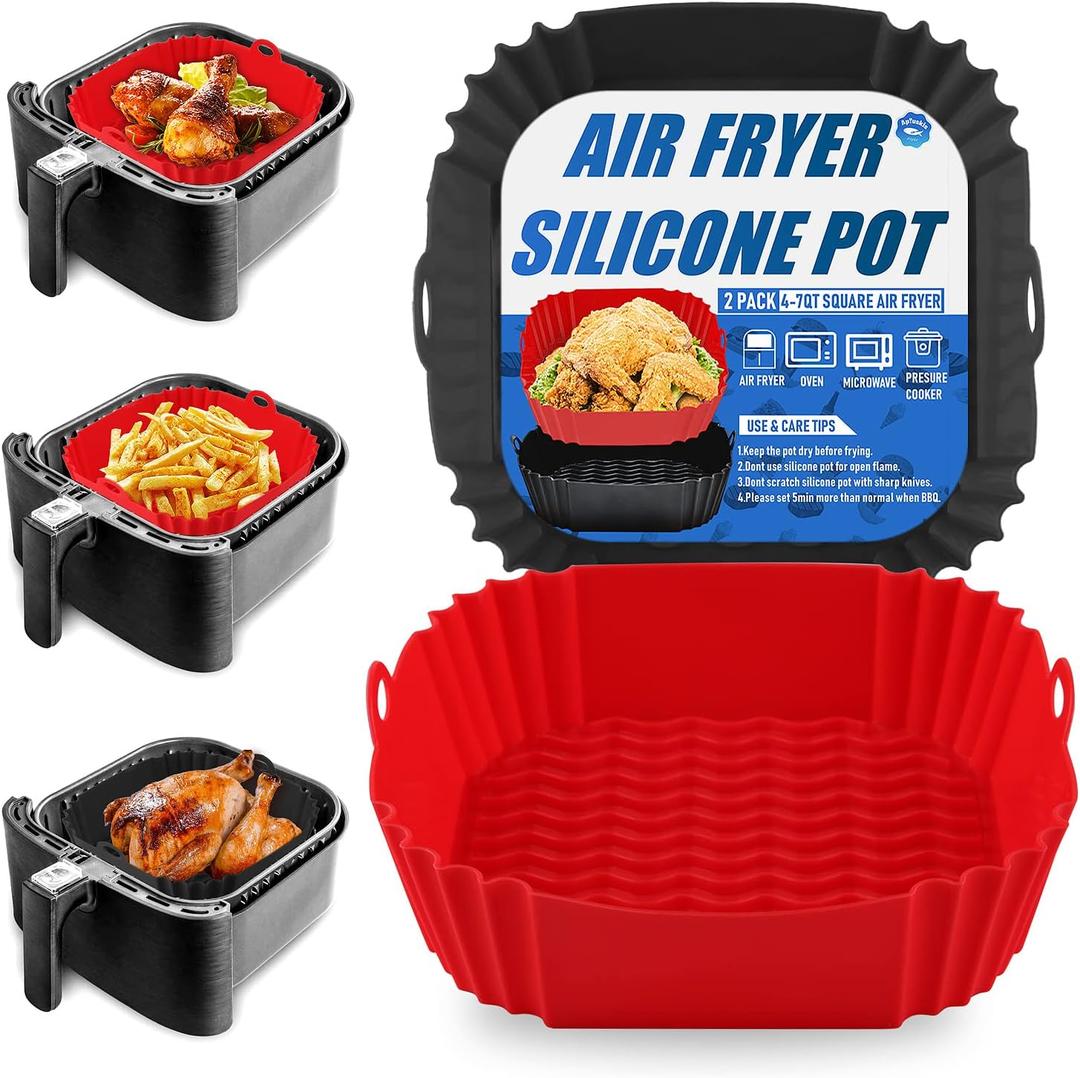 2-Pack Square Silicone Air Fryer Liners Pot, 8-Inch Reusable Inserts for 47QT Air Fryers, Food-Safe Oven Accessories