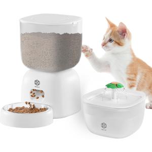 Automatic Cat Feeder with 3L Dry Cat Food Dispenser and 2L Water Fountain, Timed Dog Feeder with Portion Control and Daily Meals, Wire/Battery Automatic Feeders in White