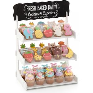 HOTCAN Cookie Display Stand for Bakers & Vendors with Acrylic Front | Wooden Dessert Stand with Chalkboard Sign for Market Booths, Craft Fairs & Events | 3 Tiered Cookie Display for Cupcakes, Muffins & Pastries (White)