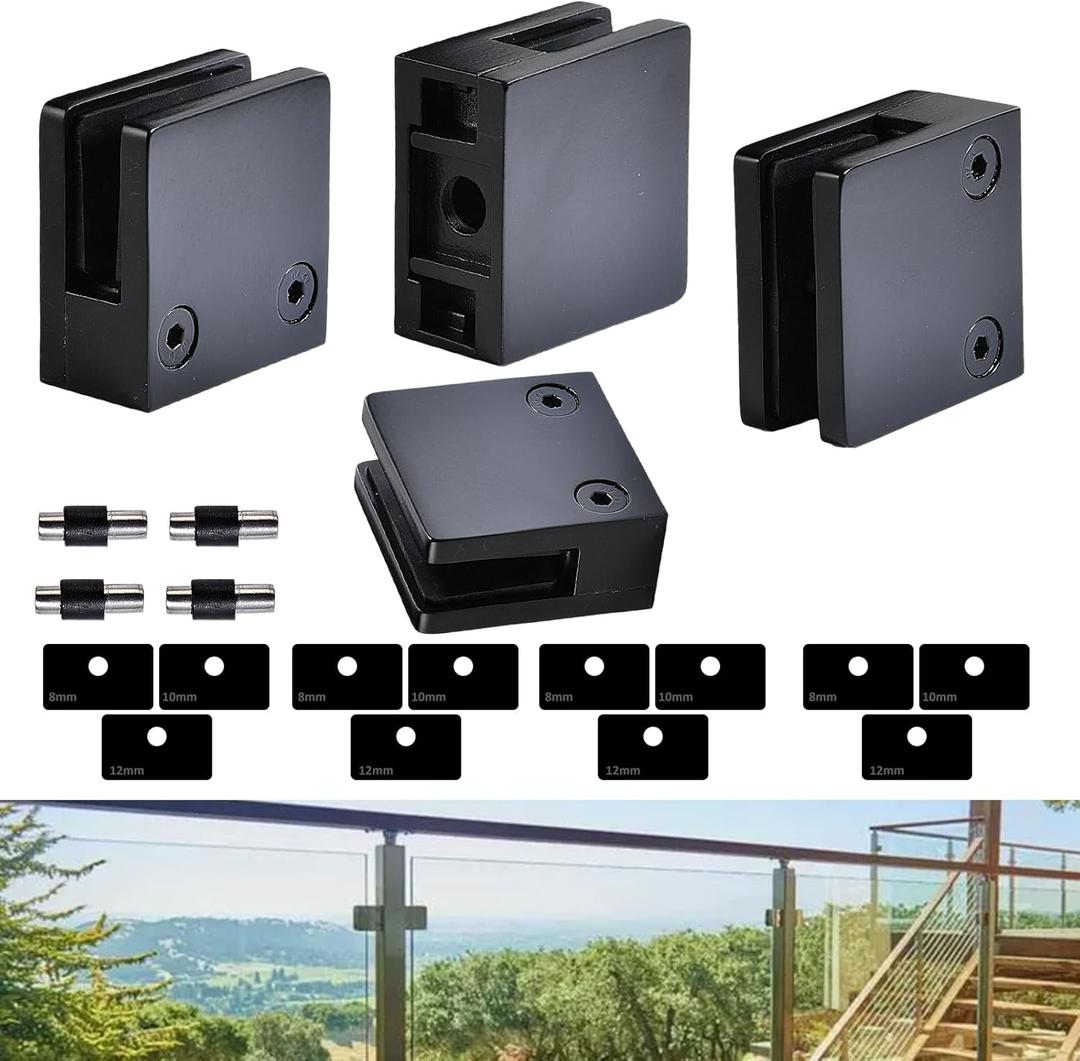 Glass Clamp4PCS Adjustable Glass Shelf Bracket, 1/3 "-1/2 " 304 Stainless Steel Glass Clamps, Glass Clamp Bracket is Suitable for Railing, Stairs, Glass Wall, All Kinds of Glass (Black-4pcs)