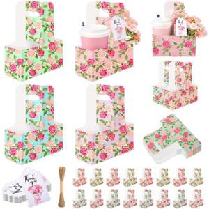 20 Pack Mother's Day 2 Cup Drink Carrier with Handle, Floral Coffee Cup Holder with Cards and Ropes, Disposable Cardboard Foldable Drink Caddy for Hot Cold Drinks, Food Delivery