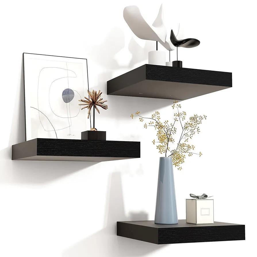 Square Floating Shelves for Wall, 8"W x 8"D x 1.2"H, 3 Pack of Small Wall Mounted Engineered Wood Shelves with Invisible Brackets for Living Room, Bedroom, Bathroom, Kitchen Decor, Black