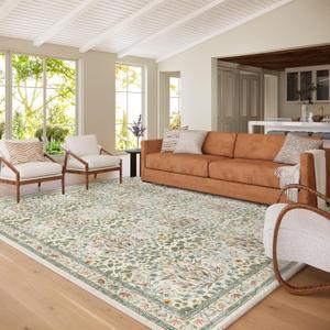 Washable Area Rug 8x10 - Vintage Floral Living Room Rug for Dining Room (Under Table), Bedroom - Stain Resistant, Soft Low Pile, Non-Slip Large Carpet (Beige)