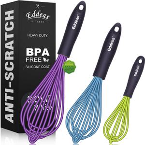 Silicone Whisk, Eddeas Non Scratch Coated Whisks for Cooking Baking Balloon wisk, Kitchen Whisk Set of 3 Size 7.5"+ 9" +11" (7.5+9+11 inch, 3Pcs Colorful Silicone Whisks)