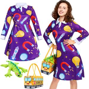 Ramede 3 Pcs Women Halloween Teacher Costume Set Vintage Long Sleeve Dress with School Bus Bag for Halloween Role Play Party (Large)