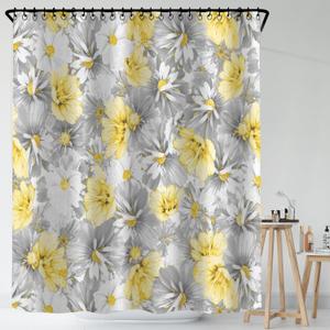 Classical Design Painted Gray and Yellow Flowers Fabric Shower Curtain, Mordern Art Plants Curtain for Bathroom Dcor Machine Washable 71" x 71" Yellow and Grey