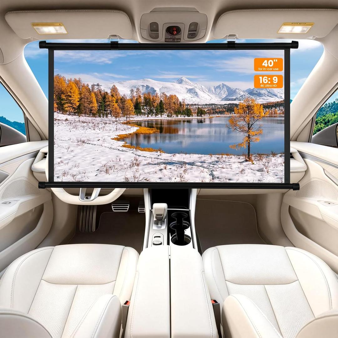 40 Inch Small Projector Screen, Upgrade Portable Pull Down & Roll Up Projector Screen for Car, SUV, RV, 16:9 HD 4K Mini Drop Down/Roll Down Screen for Home Movie, Gaming