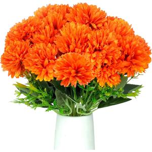 4Pcs Artificial Fall Flowers with 6 Heads Each, Fake Silk Chrysanthemums Orange Marigold Ball Flower Fake Mums for Autumn Dia De Los Muertos Day of The Dead Home Decor Outdoors Indoor
