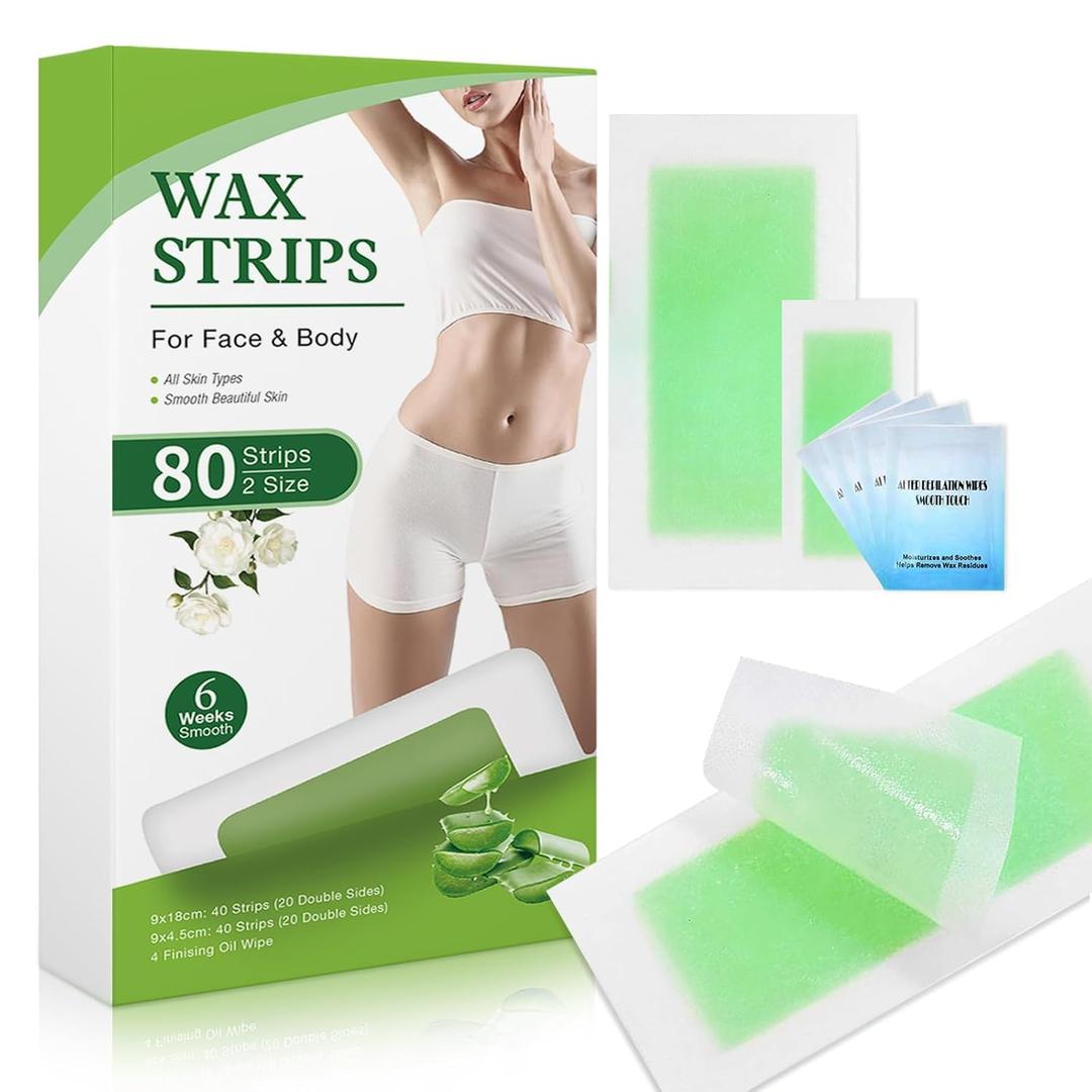 Wax Strips For Hair Removal, Waxing Kit For Women, Wax strins Hvpoalleraenic Facial Hair Removal for WomenAnd Men, Waxing Hair Removeal Kit with 80 PCS +4Calming Oil Wipes(Green, Pack of 80)