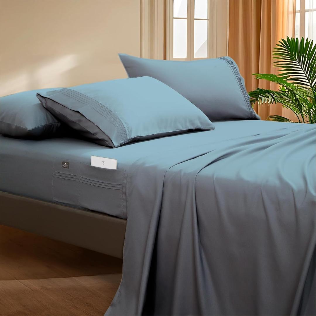 Deep Pocket Twin Fitted Sheet - Fits Mattresses Up to 21" Thick - 3 Piece Bed Sheets - Moisture Wicking, Cooling & Soft Fitted Sheet & Pillow Cases (Light Blue)