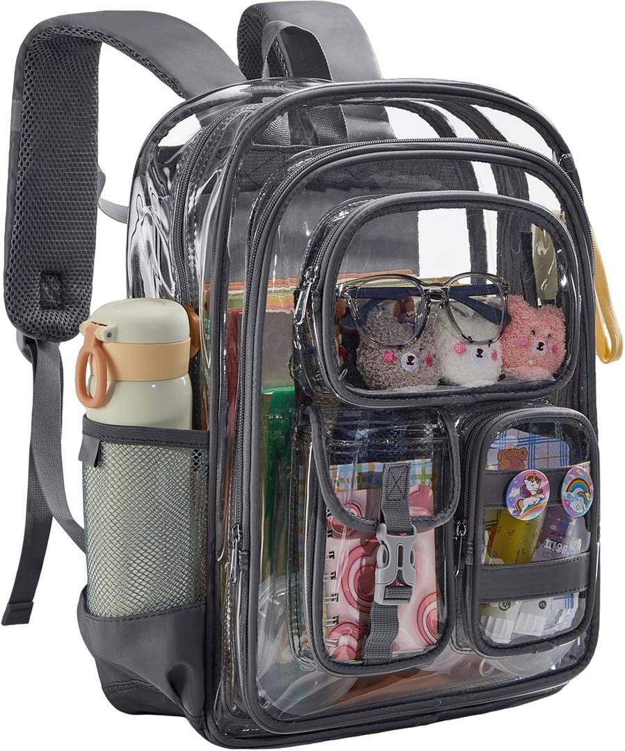Grey Clear Backpack Heavy Duty, Large Clear Bookbag for Boys Girls Adult, See Through Book Bag Transparent Backpacks with Multiple Pockets for School College Work Casual