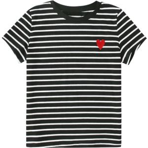 SweatyRocks Women's Heart Striped T Shirt Short Sleeve Shirt Crew Neck Casual Tee Top (Black, M)